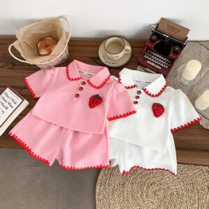 Girls Fashion Strawberry Short-Sleeved Top And Shorts Two-Piece Set