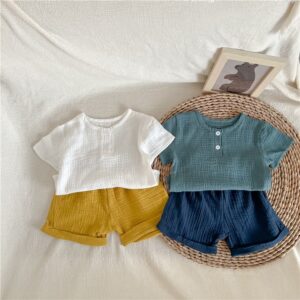 Summer Children's Solid Color Cotton Yarn Short-Sleeved T-Shirt Shorts Two-Piece Set