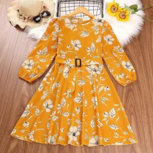 Girls Casual All Over Printed Flower Pattern Long Sleeve Dress With Belt