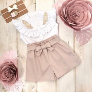 Kids Toddler Girls Fashion Ruffle Neck Sleeveless + Shorts Belt 2-Piece Set