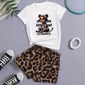 Kids Toddler Girls Fashion Casual Print Short Sleeve T-Shirt Leopard Shorts Sets