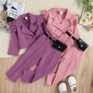 Children Kids Toddlers Girls Solid Color Long Sleeves Jacket And Pants 2pcs Set