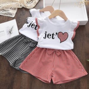 Children Kids Toddlers Girls Ruffle Sleeve Letter T-Shirt And Leopard Plaid Shorts 2pcs Set