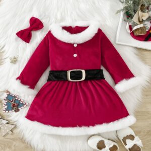 Girl Fashion Christmas Plush Long-Sleeve Bowknot Belt Dress