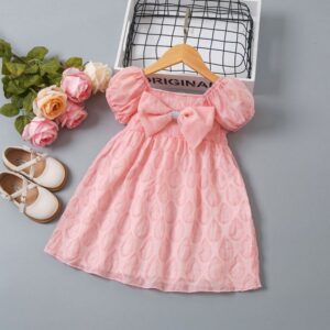 Girl Fashion Cute Lace Pleated Bowknot Short Sleeve Dress