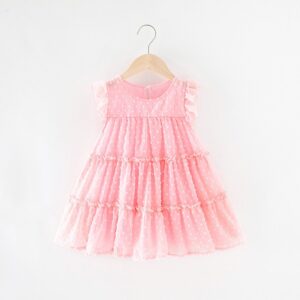 Girl Fashion Cute Solid Color Small Ball Sleeveless Ruffled Cotton Dress
