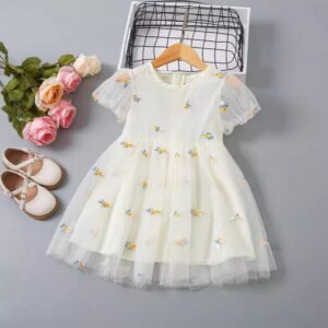 Girls Fashion Cute Floral Embroidered Short Sleeve Mesh Dress