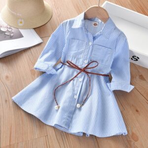 Girls Fashion Casual Stripe Lapel Long-Sleeve Dress