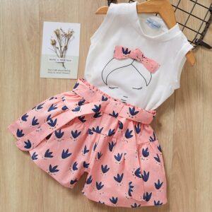 Summer Girls Bow Sleeveless Cotton T-Shirt Printed Shorts Two-Piece Set