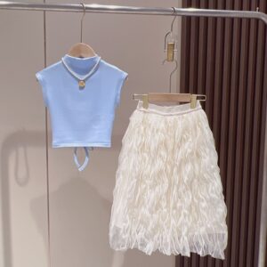 Girl Summer Flying Sleeve T-Shirt Creased Mesh Skirt Set