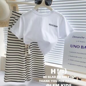 Girls Casual Summer Short Sleeve White Tee Striped Pants Set