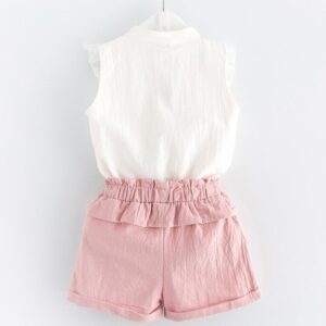 Summer Girls Sleeveless Single Breasted Embroidery Blouse Shorts Set