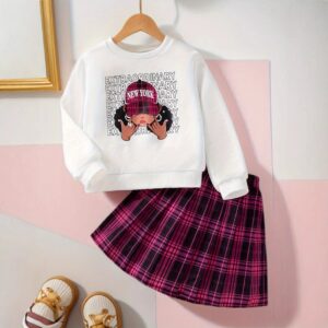 Kids Toddler Girls Fashion Casual Long Sleeve Sweatshirts Plaid Skirt Sets
