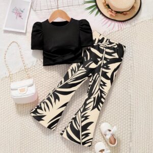 Kids Toddler Girls Casual Cute Short Sleeve T-Shirt Print Flare Trousers Sets