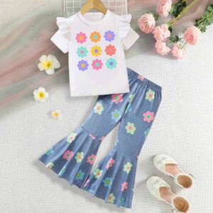 Kids Toddler Girls Casual Cute Flower Print Short Sleeve T-Shirt Flare Trousers Sets