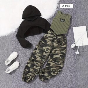 Kids Toddler Girls Fashion Casual Butterfly Tank Top Hoodies Camouflage Pants Sets