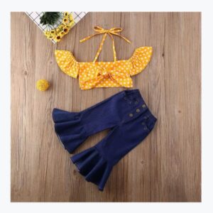 Girls Summer Ruffled Polka Dot Print Crop Top Flared Jeans Set