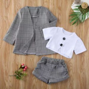 Girls Plaid Print Blazer Short Sleeve T-Shirt Shorts Three Pieces Set
