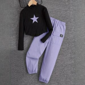 Kids Toddler Girls Fashion Casual Star Embroidery Long Sleeve Top Cargo Pants Sets