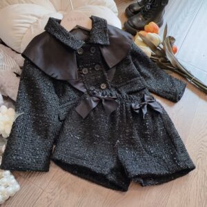 Girl Fashion Elegant Woolen Woven Lapel Long-Sleeve Top Bowknot Shorts Two-Piece Set