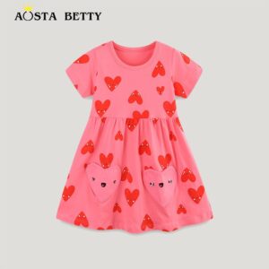 Girls Fashion Heart-Shaped Printed Short-Sleeve Dress