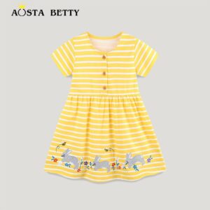 Girls Fashion Stripe Cartoon Embroidery Dress