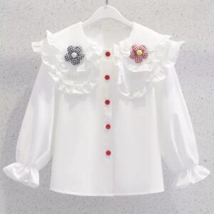 Girls Fashion Cute Floral Decoration Ruffled Lapel Ruffled Long Sleeve Blouse