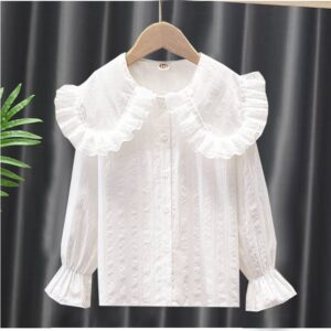 Girls Fashion Casual Solid Color Jacquard Ruffled Lapel Long Sleeve Blouse