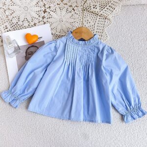 Girls Fashion Casual Solid Color Pleated Round Neck Long Sleeve Blouse