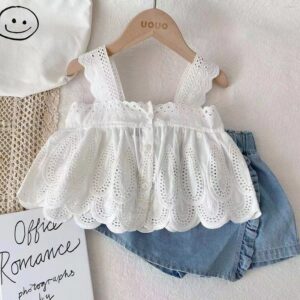 Kids Toddler Girl Summer Lace Tank Top Denim Shorts Set