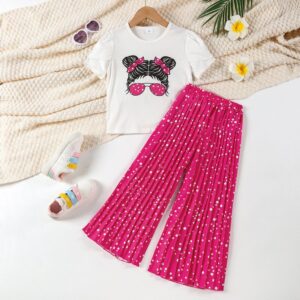 Kids Toddler Girl Summer Cartoon Polka Dot Print Short-Sleeved T-Shirt Wide-Leg Pants Two-Piece Set