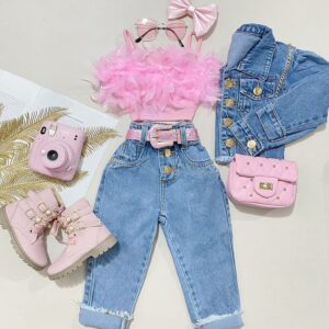 Kids Girls Solid Color Sling Top Jeans Set