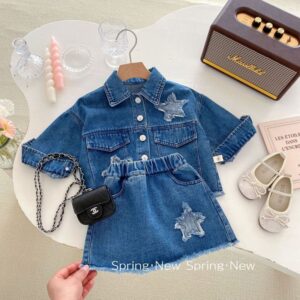 Girl Fashion Five-Pointed Star Lapel Jackets Loose Skirt Denim Two-Piece Set