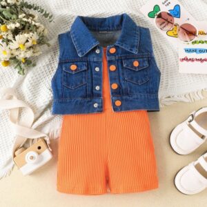 Kids Toddler Girls Casual Cute Denim Sleeveless Vest Rompers Sets
