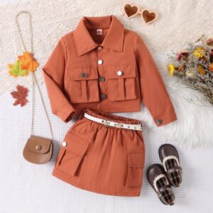 Kids Toddler Girls Fashion Casual Solid Color Long Sleeve Lapel Coat Skirt Sets