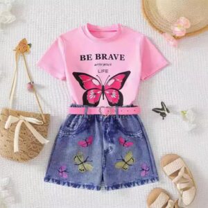 Toddler Girl Butterfly Print T-Shirt Imitation Denim Print Shorts Set