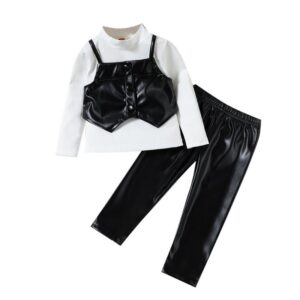 Kids Toddler Girls Autumn Long-Sleeved Pu Tank Pants White Shirt Three-Piece Set