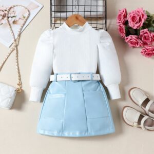 Kids Toddler Girls Fashion Autumn Spring Bubble Sleeve Top Pu Leather Skirt Belt Three-Piece Set