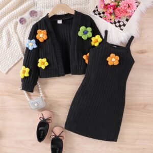 Kids Toddler Girls Casual Cute Flower Long Sleeve Cardigan Knitted Strap Dress Sets