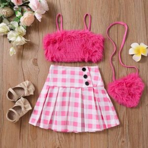Kids Toddler Girls Casual Cute Plush Camisole Plaid Skirt Sets