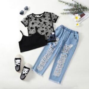 Fashion Toddler Girls Lace Short-Sleeved Mesh T-Shirt Camis Denim Ripple Jeans Three-Piece Set