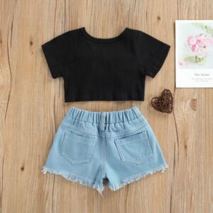 Fashion Kids Toddler Girls Summer Bow Solid Color Short Sleeve T-Shirt Denim Shorts Set