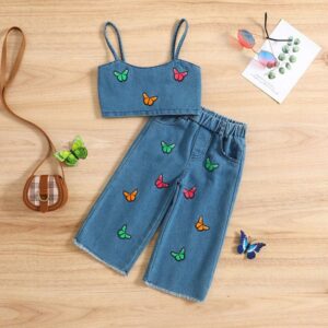 Kids Toddler Girls Butterfly Printed Sling Top Straight-Leg Jeans Set