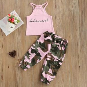 Kids Toddler Girls Sleeveless Letter Camis Top Camouflage Pants Set