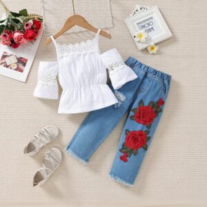 Kids Toddler Girls Summer Hollow Strap Top Rose Embroidered Jeans Fashion Two-Piece Set