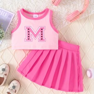 Summer Toddler Girls Casual Pink Sleeveless Tank Top Pleated Skirt Two-Piece Set