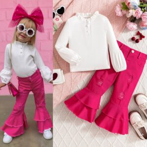 Kids Toddler Girls Casual Cute Long Sleeve Top Denim Flare Trousers Sets