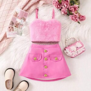 Kids Toddler Girls Casual Cute Plush Camisole Skirt Sets