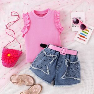 Kids Toddler Girls Casual Cute Sleeveless Top Denim Shorts Sets