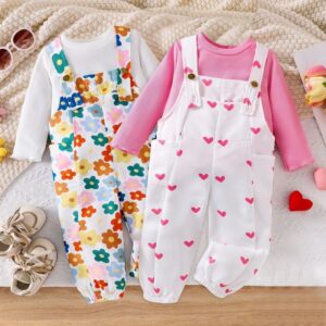 Kids Toddler Girls Casual Cute Stripe Long Sleeve T-Shirt Heart Flower Print Suspender Pants Sets